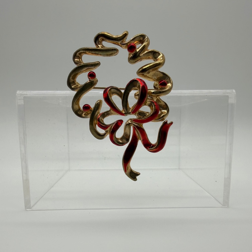 Vintage Gold Tone Christmas Wreath‎ Brooch Red Enamel Bow Holiday Pin Festive
